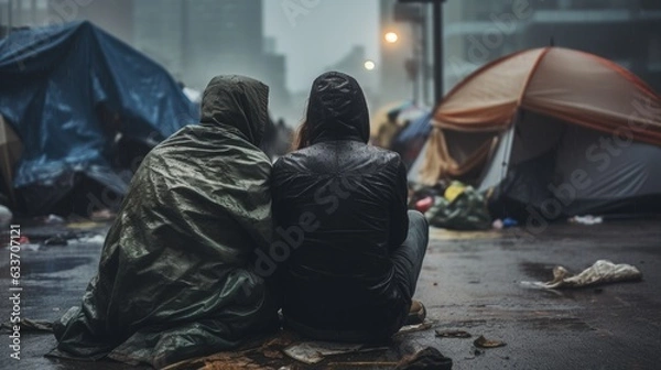 Fototapeta Couple of homeless people sitting in the street seen from behind