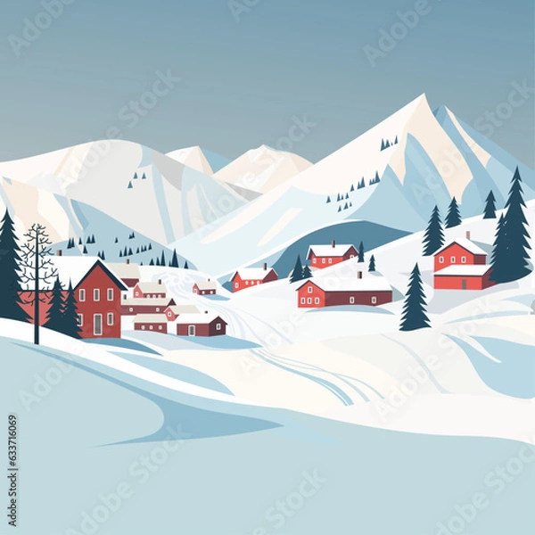Fototapeta Nature and landscape. Vector illustration of winter landscape against the backdrop of mountains and a ski village. Picture for background, card or cover