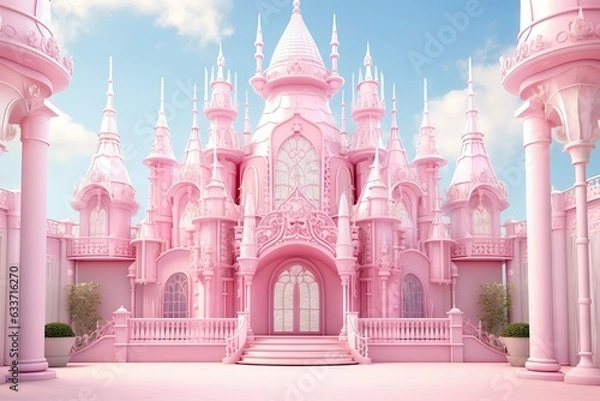Fototapeta Enchanting pink castle house nestled in a whimsical landscape, Generative AI