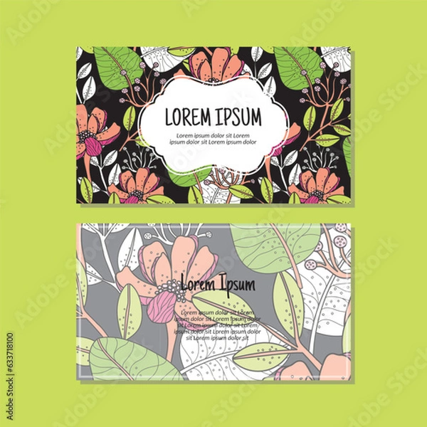 Obraz Business card template, flowers and leaves seamless pattern vector design. Double-sided creative business card template. Landscape orientation. Vector illustration.