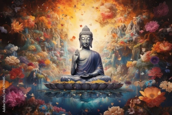Fototapeta Serene buddha amidst flowers, a peaceful oasis, Generative AI