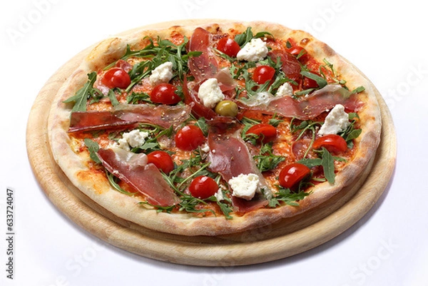Fototapeta Pizza Proschuitto on a wooden tray