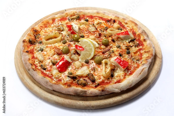 Fototapeta Pizza Frutti di mare on a wooden tray