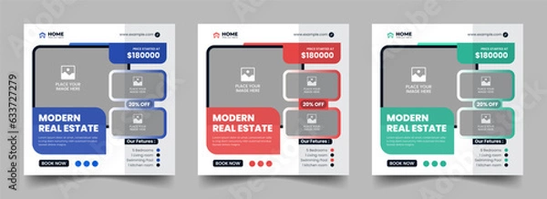 Fototapeta Real estate square social media post or dream home sale property promotion web banner template bundle. Editable modern house banner layout set