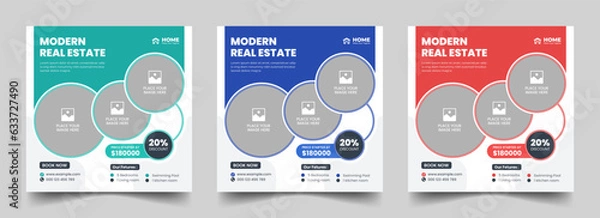 Fototapeta Real estate square social media post or dream home sale property promotion web banner template bundle. Editable modern house banner layout set