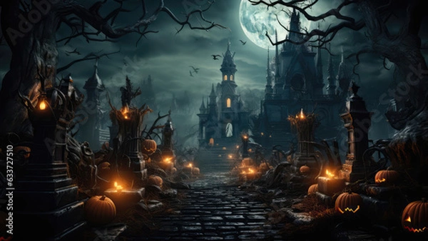 Obraz halloween scene horror background with creepy pumpkins of spooky Halloween haunted mansion Evil houseat night with full moon, Generative AI.