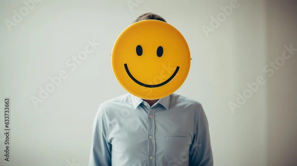 Fototapeta a man in a shirt on a white background instead of a face a yellow cheerful emoticon, generated by AI