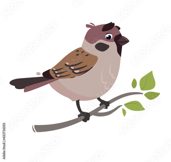 Obraz Funny bird Sparrow. Vector illustration of a field sparrow, feathered character. Cute print in flat cartoon style. Isolated on white background