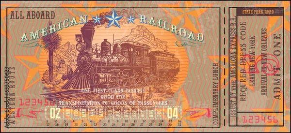 Fototapeta vector image of old vintage american western rail train ticket