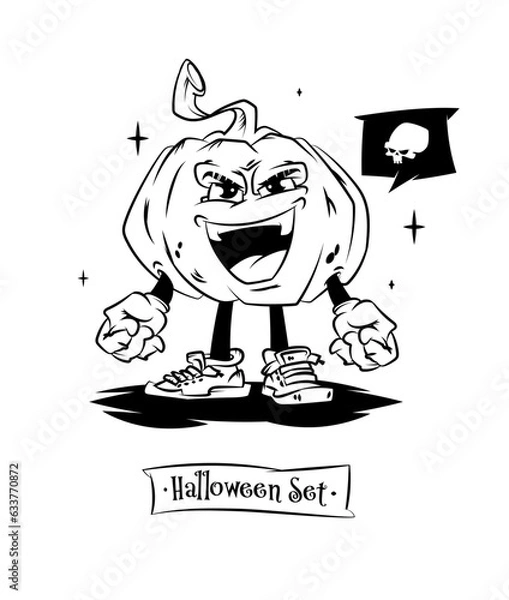 Fototapeta Set of tattoo vector characters for halloween. Cute smiling pumpkin. Beautiful illustrations with characters for t-shirts. Pumpkin in sneakers with bubble and skull.