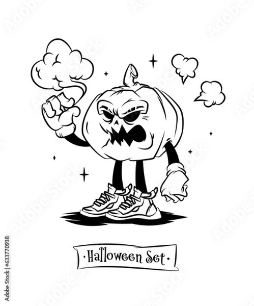 Fototapeta Set of tattoo vector characters for halloween. Beautiful illustrations with characters for t-shirts. Evil Pumpkin in sneakers caught a cloud.