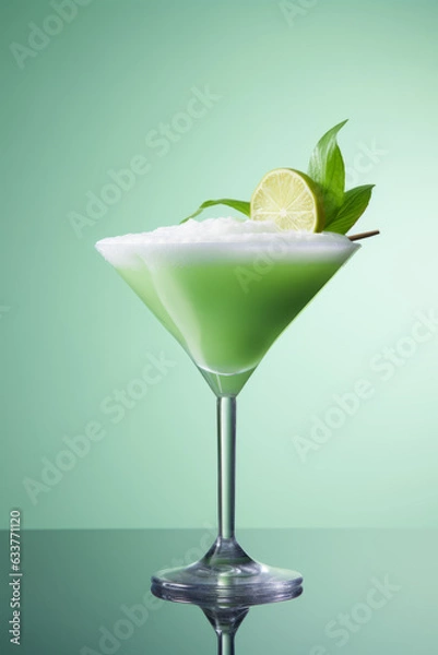 Fototapeta Green Lime Flavored Cocktail Mocktail with Lime Slices Side View