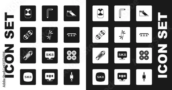 Fototapeta Set Skate park, Tool allen keys, Broken skateboard, Baseball cap, Skateboard stairs with rail, wheel and deck icon. Vector