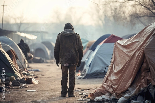 Fototapeta As he walks through the heart of the forlorn tent city, a homeless man, viewed from behind, carries the weight of despair in the heavy, somber air. (AR 3:2)
