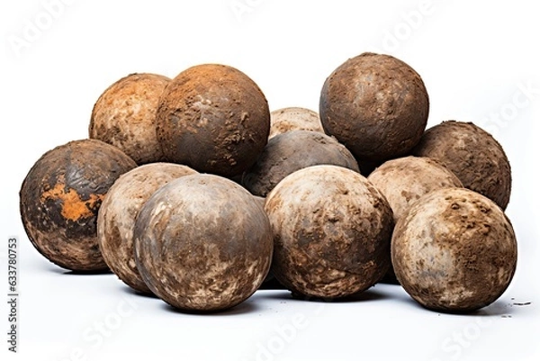Fototapeta Rustic cannonballs against white background. Generative AI