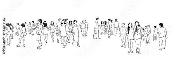 Fototapeta crowd walking in urban landscape digital sketch isolated on white background