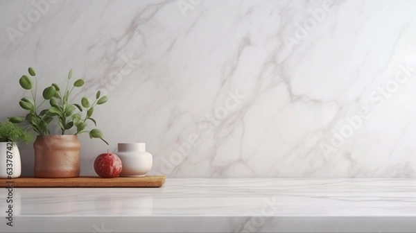 Obraz Vase and plants isolated on white marble table and white marble backgrounds with copy space, apartment or kitchen interior design.