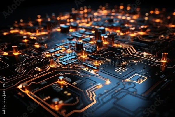Fototapeta A macro image of a processor or a graphic card, technological device storing memory, hardware close-up, neon led lights. Generative AI technology