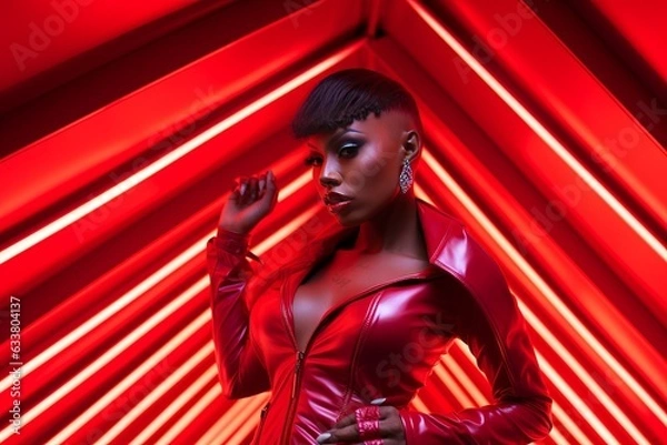 Fototapeta portrait studio shot african american model woman female in lates suit red background neon light ambient woman with makeup stylish hais style and glamour photo shooting fashion concept,ai generate