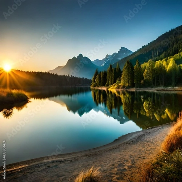 Obraz sunset over lake generated by AI