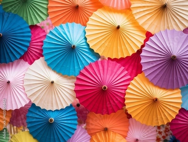 Obraz Colorful banner with a bunch of paper umbrellas generative ai