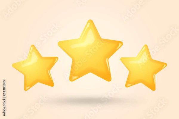 Obraz Three yellow stars glossy colors. Achievements for games. Customer rating feedback concept from client about employee of website. Realistic 3d design. Vector illustration