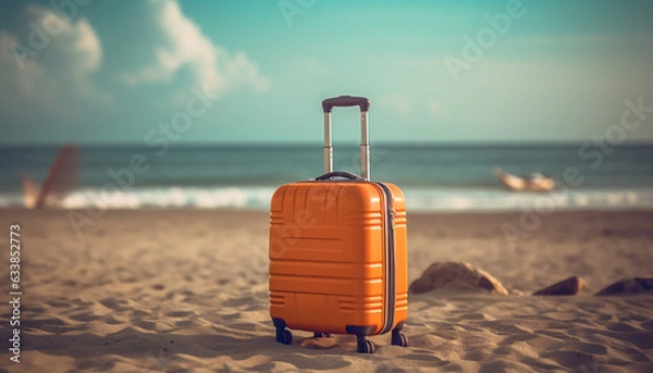 Obraz Orange suitcase on the beach. Created by using generative AI tools