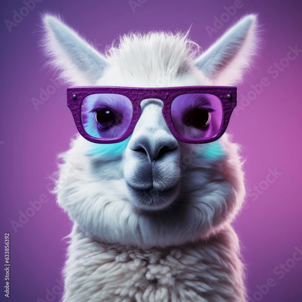 Fototapeta Adorable llama wearing trendy purple glasses with purple background. Created using generative AI