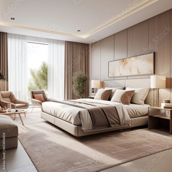 Fototapeta Interior of contemporary hotel room with modern wooden walls. Created using generative AI