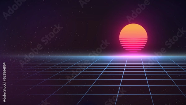 Fototapeta Synthwave sunset backround. Retro future 80s backdrop. Perspective grid, sun, dark starry sky. Futuristic sci-fi virtual scene. 3d computer abstract style. Flyer template. Stock vector illustration