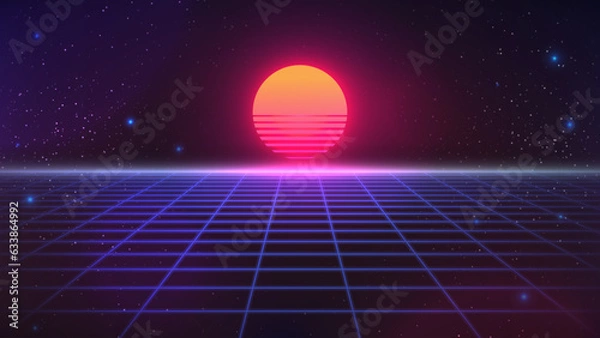 Fototapeta Synthwave Sunset Backround. Retro Future FATHDROP z lat 80. Perspektywiczna siatka, słońce, ciemne gwiaździste niebo. Futurystyczna wirtualna scena science fiction. Styl abstrakcyjny komputerowy 3D. Szablon ulotki. Ilustracja wektorowa