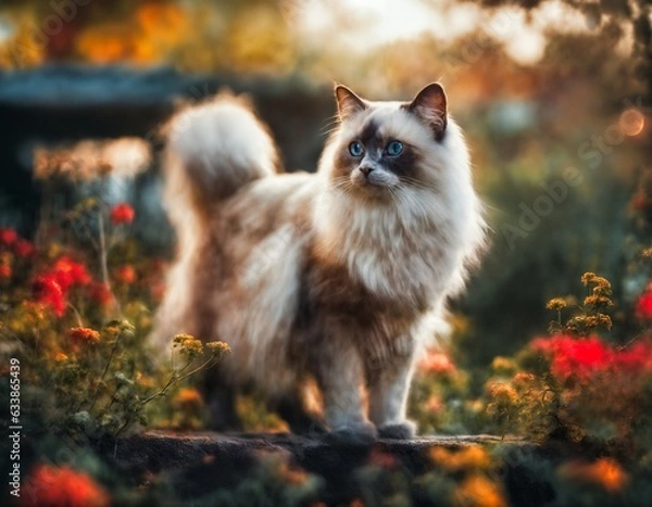 Obraz Beautiful cat with blue eyes on the background of the autumn garden, a field of flowers, Bourgeois, magnificent, an impressionist painting,