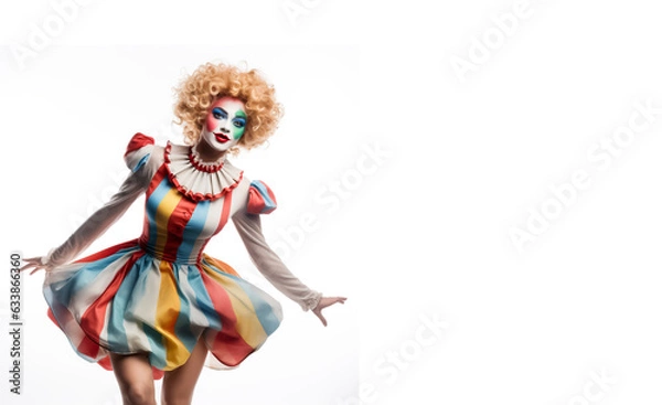 Fototapeta Female Clown from a circus in a colorful and fun costume. Isolated on white background.