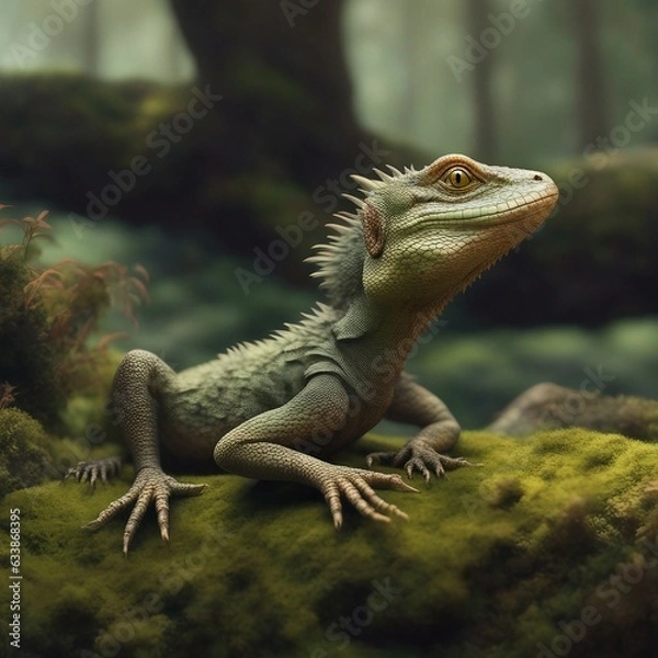Fototapeta A macro portrait photo of a gentleman lizard lounging on a moss covered rock, shiny scales