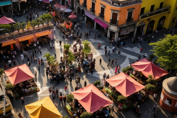 Fototapeta Spectacular Aerial View of Vibrant Plaza with Colorful Canopies and Bustling Crowds