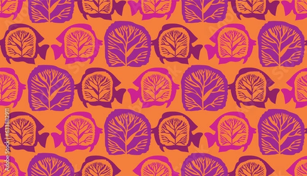 Fototapeta Beautiful seamless pattern with seaweeds, Sea underwater plants, ocean coral reef and aquatic kelp,  algae and seashells, jellyfish. Marine  background.  Vector illustration.  