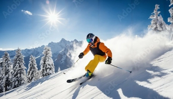 Fototapeta Skier jumping on a sunny mountain slope with professional equipment