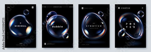 Obraz Glowing soap bubbles on black background. Creative poster set with realistic iridescent bubble of different shapes and place for text. A4 size. Vector illustration