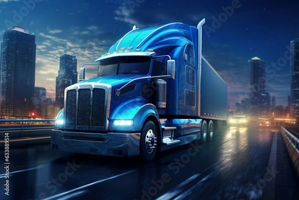 Fototapeta A blue large truck is driving fast with a normal speed on a busy highway surrounded by cities