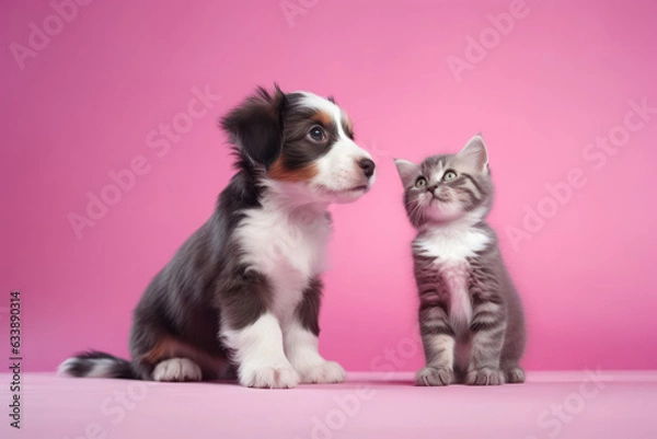 Fototapeta The Playful Dog and Curious Kitten, Unlikely Best Friends, on Pink Background