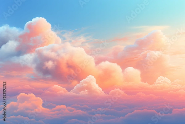 Fototapeta Background of fluffy baby pink and blue pastel cotton candy clouds in the sky. Generative AI  