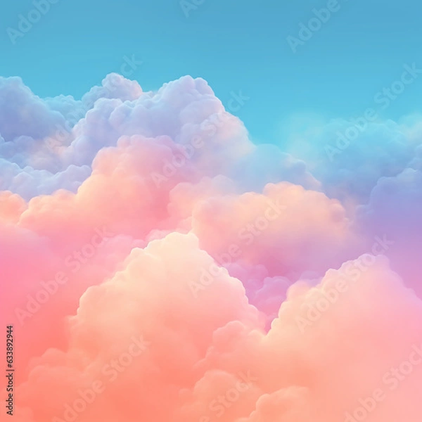 Fototapeta Background of fluffy baby pink and blue pastel cotton candy clouds in the sky. Generative AI  