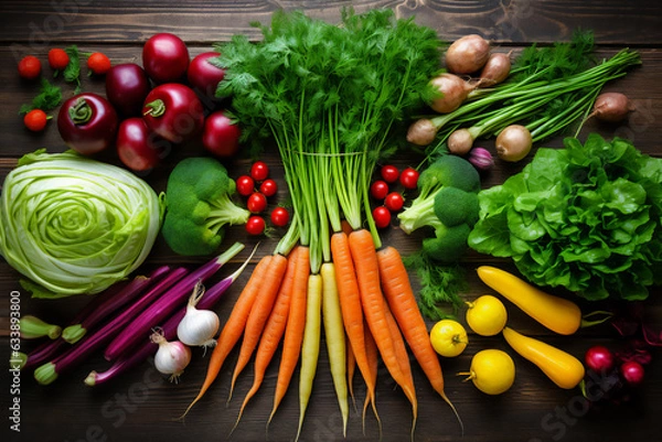 Fototapeta A variety of vegetables in many colors seen from above on a wooden kitchen counter. Naturally lit surroundings in boho style.