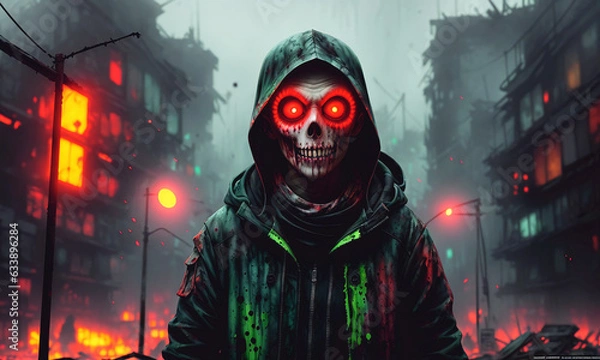 Fototapeta Scary zombie in the city at night, halloween concept. Generative AI.