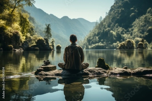 Fototapeta A cinematic moment captures an individual deep in meditation beside a tranquil lake, embracing a complete digital detox retreat.