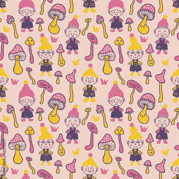 Fototapeta Autumn seamless pattern with gnomes and mushrooms. Perfect retro print for tee, textile, paper and fabric. Hand drawn illustration for surface design.
