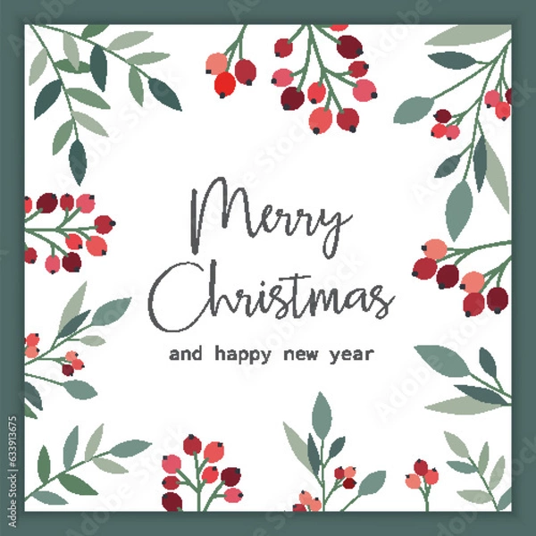 Obraz Illustration vector of Christmas greetings card with leaves and berries simple design