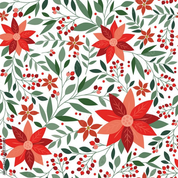Fototapeta Illustration vector of seamless pattern with poinsettia and leaf