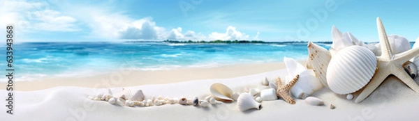 Fototapeta Beach summer vacation theme, concept background illustration with sea shells and starfish on sand and blue sea in background