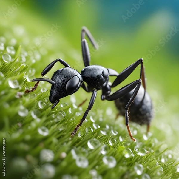 Fototapeta Microcosmic Marvel: Capturing the Intricate World of a Black Ant on Blades of Grass in Stunning Macro Photography